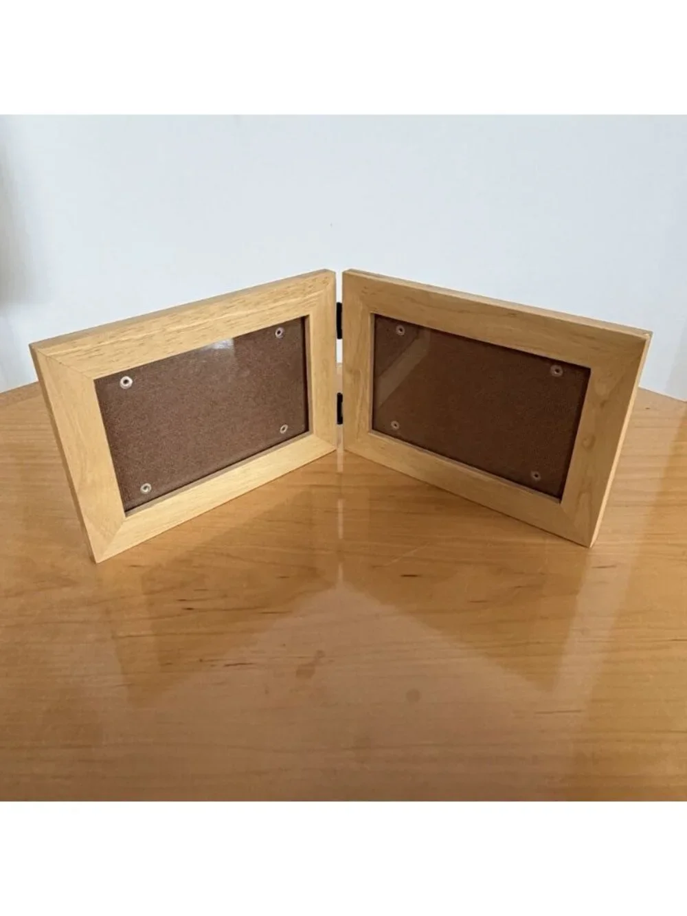 Hinged Double Picture Frame Wood Holds Two Photos Folding Display Wooden Natural